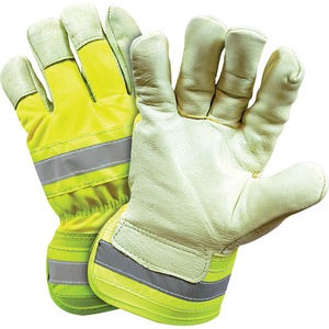 L Beige/Hi-Vis Lime Premium Pigskin Thinsulate™ Rubberized Safety Cuff Wing Thumb Cold Weather Leather Palm Glove Pr