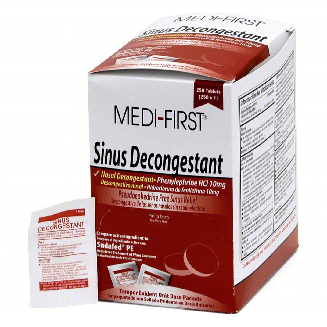 MEDI-FIRST Sinus and Allergy Reliever: Phenylephrine HCl, 250 Individual Doses, Unflavored, 250 PK