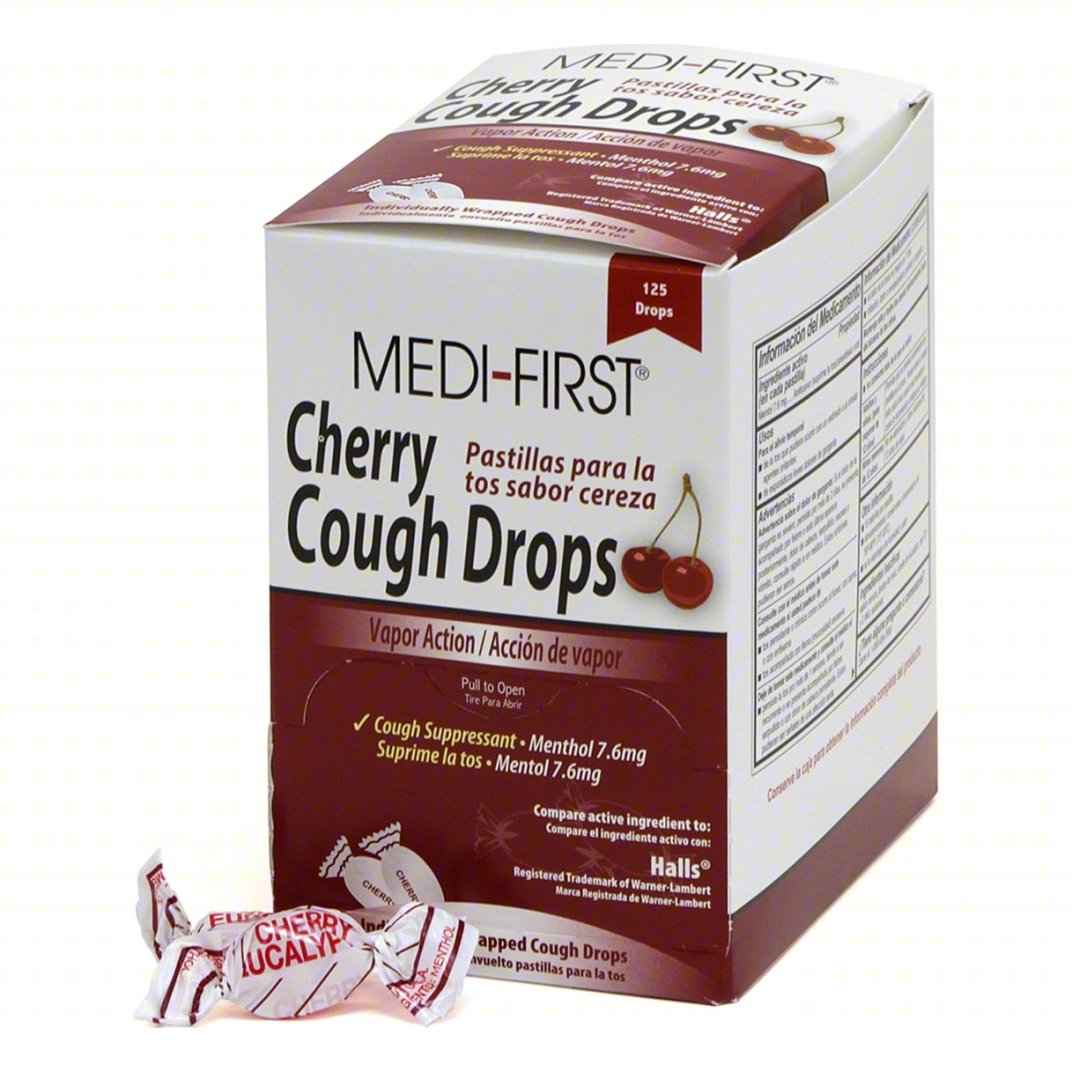 MEDI-FIRST Cough Drop: Menthol, 125 Individual Doses, Cherry, Drop, 125 PK
